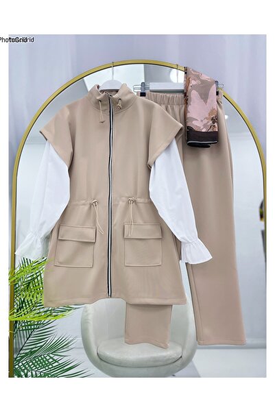 YEDİLALE Waisted Gathered Stand Collar Zipped Pocket Vest and Pant Set [Shirt sold separately code 3009]