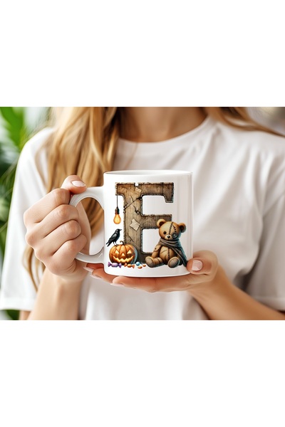 Beramussa كوب على شكل حرف E بتصميم الهالوين مع دب - غراب الهالوين والقرع - مخ...