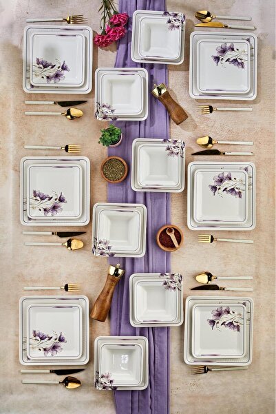 Erbaşlar Lila Lotus Çiçeği 24 Parça Lüx Seramik 6 Kişilik Yemek Takımı (1)