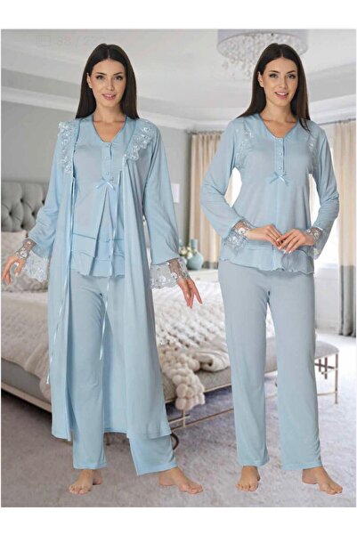 Lohusa Homewear طقم بيجامة نسائي أزرق بتصميم خاص من الدانتيل بتفاصيل مميزة لل...