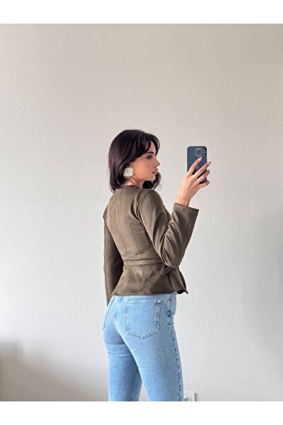 LOCH BUTİK Γυναικείο πράσινο μακρυμάνικο σουέτ μπουφάν με ζώνη