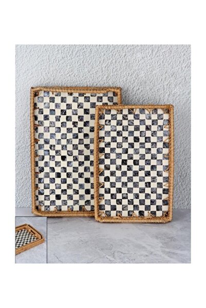 akdenizhome 🪶 MIEN BÜYÜK TEPSİ | Damalı Dikdörtgen 2’li Rattan Tepsi Seti (M...