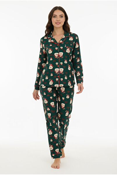 Bravie Luxury Soft Green Santa Claus Patterned Long Sleeve Women's Pajama Set – 3023