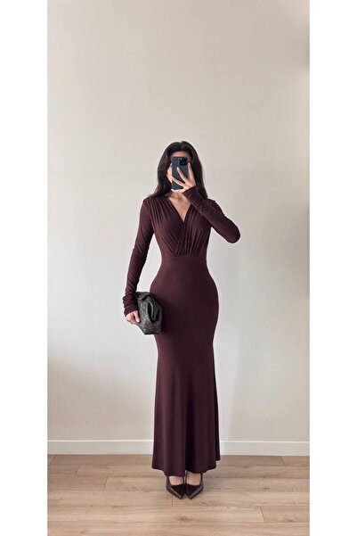 LOCH BUTİK Дамска кафява рокля с дълги ръкави, V-образно деколте и набрани ръкави