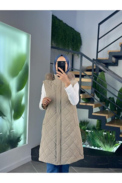 Armine Trend Kürk Kapüşonlu Kapitone Yelek 25KT505 Bej