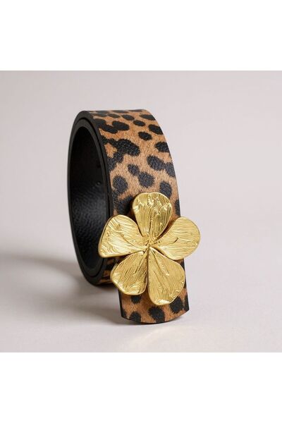 Kemerix Women's Gold Buckle Leopard Detailed Belt