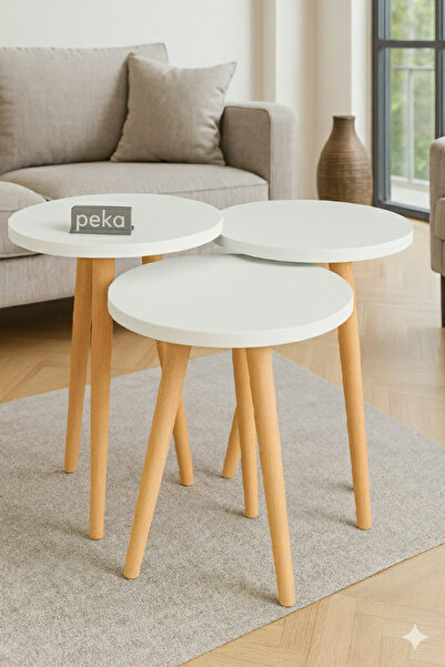 PEKA Zigon Sehpa Doğal Kayın Ağacı Ahşap Ayaklı 3’lü Set Yuvarlak