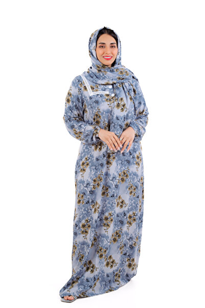 amaan Women's Modern Floral Print Rayon Abu Tarha Jalabiya, Long Sleeve, elastic cuff with Headscarf.
