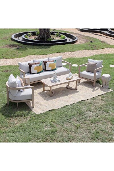 Danube Home Pedro 5-Seater Outdoor Sofa Set - Natural Wood & Beige Cushions -...