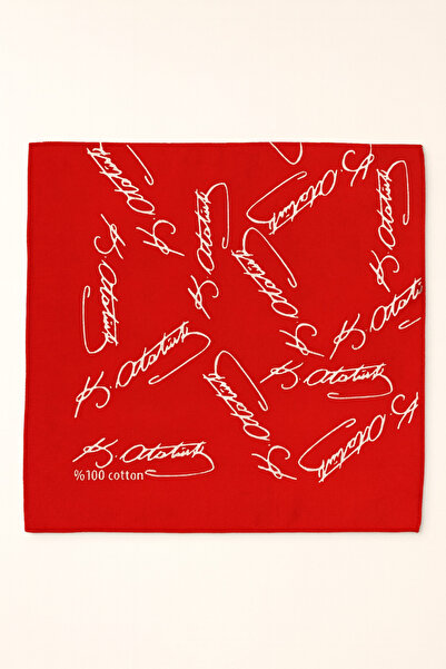 Sibel Günay Butik Atatürk İmzalı Kırmızı Fular / Bandana | Küçük İmza | Unisex | 52*53 cm