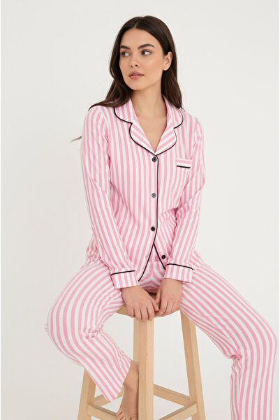 Bravie Luxury Soft Pembe Çizgili Uzun Kollu Kadın Pijama Takımı – 3052