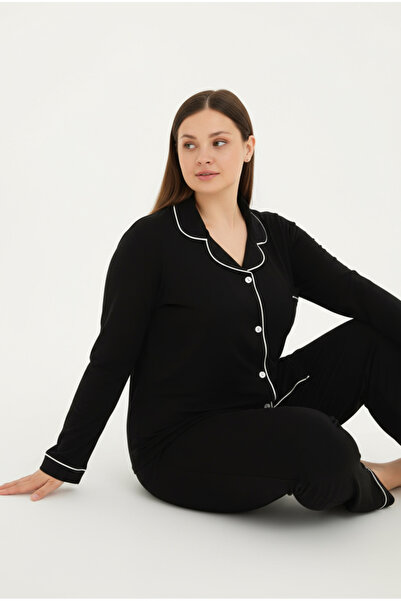 Bravie Set de pijamale de lux din viscoză, negru, alb, cu mâneci lungi, pentru femei, mărime mare – 42501