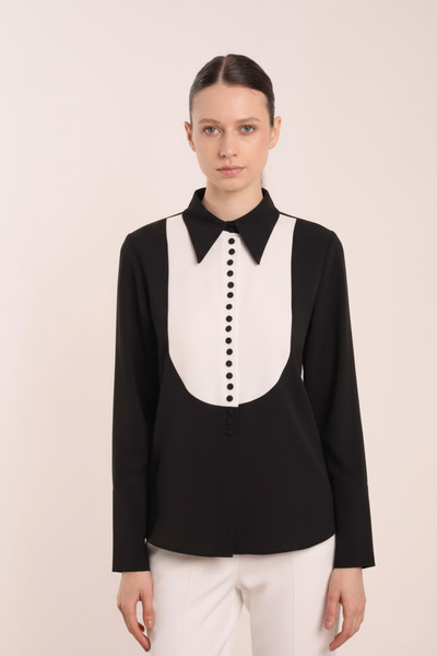 AYSHAN قميص نسائي أسود بياقة سموكن وتفاصيل أزرار