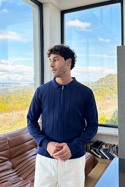 Flaw Wear Tricotaj cu fermoar în dungi Pulover bleumarin