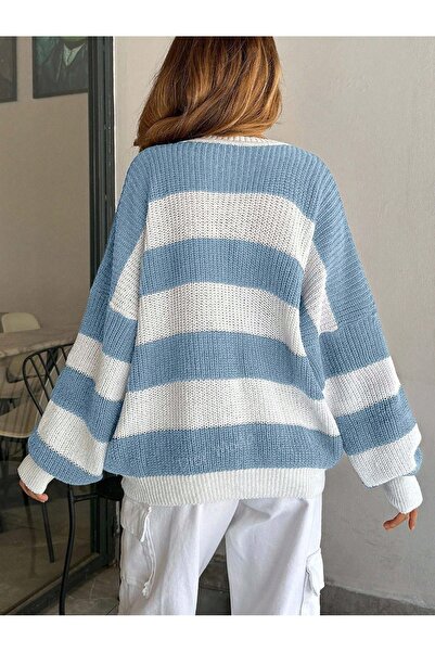 Dier Moda Kadın Bisiklet Yaka Çizgili Oversize Triko Kazak Fmoda602