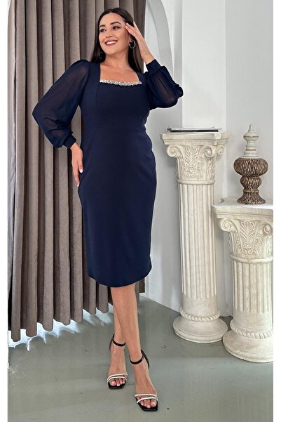 Butik Nilyam Women's Plus Size Square Neck Stone Embroidered Chiffon Sleeve Midi Stretchy Evening Dress 25041