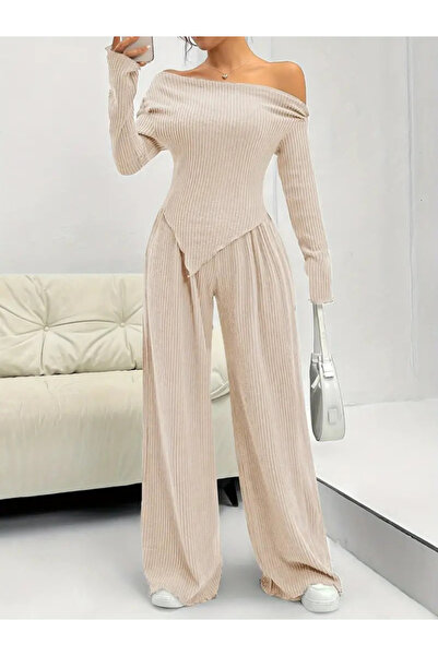 Wear Up Women's long sleeve off the shoulder asymmetrical cutout camisole blouse and pants two-piece pants