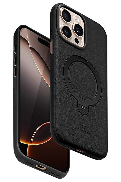 Fuchsia iPhone 15 Pro Max Vapor Deri Magsafe Standlı Kılıf - Siyah