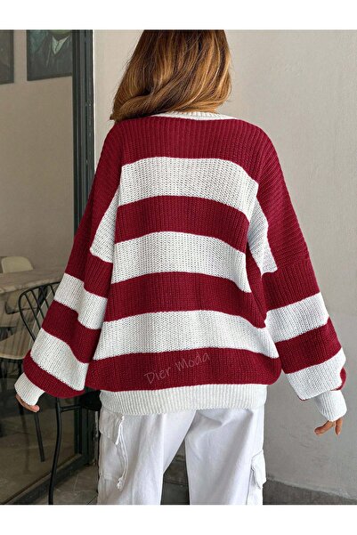 Dier Moda Kadın Bisiklet Yaka Çizgili Oversize Triko Kazak Fmoda602