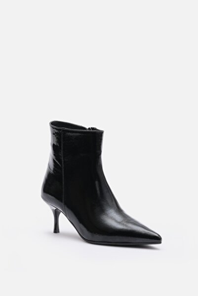 Bestyle Noir Women's Black Genuine Patent Leather Thin Heeled Zippered Boots