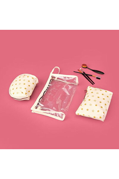 Barnaby Золота деталізована 3-компонентна косметична сумка з ПВХ - біла / золота