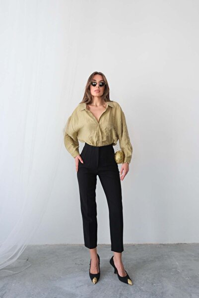 Hatun Atila High Waist Straight Cut Double Breasted Detailed Fabric Trousers 4613 - Black