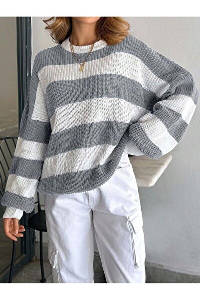 Dier Moda Kadın Bisiklet Yaka Çizgili Oversize Triko Kazak Fmoda602