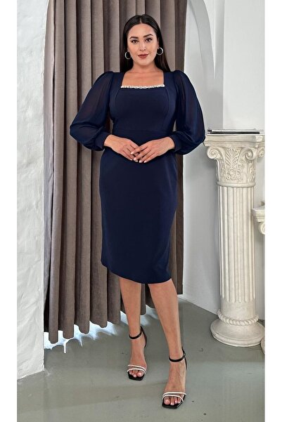 Butik Nilyam Women's Plus Size Square Neck Stone Embroidered Chiffon Sleeve Midi Stretchy Evening Dress 25041