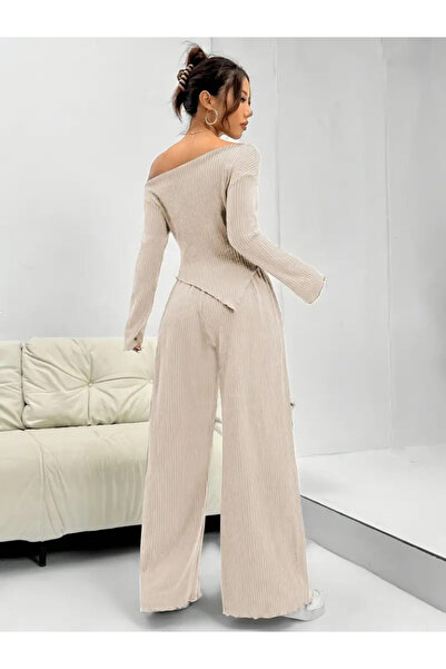 Wear Up Women's long sleeve off the shoulder asymmetrical cutout camisole blouse and pants two-piece pants