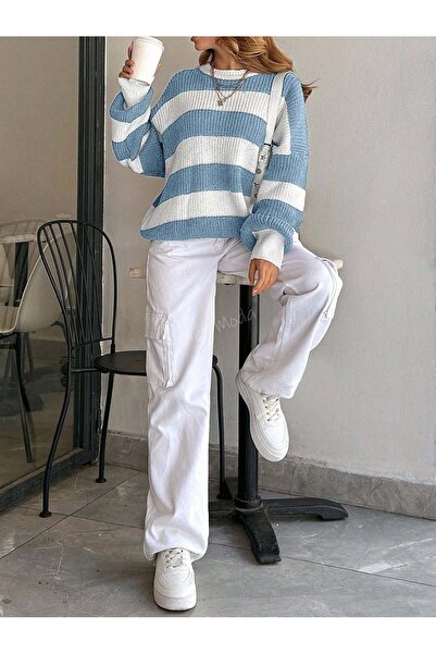 Dier Moda Kadın Bisiklet Yaka Çizgili Oversize Triko Kazak Fmoda602