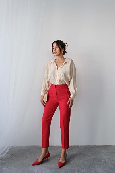 Hatun Atila High Waist Straight Cut Double Breasted Detailed Fabric Trousers 4613 - Red