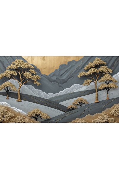 Harikabirev | GOLD-GRİ VADİ-AĞAÇ MANZARA MODELİ | ÇERÇEVELİ KANVAS TABLO CKYATAY