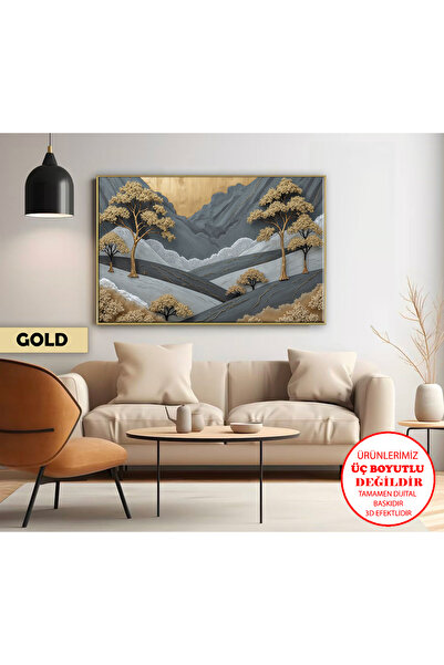 Harikabirev | GOLD-GRİ VADİ-AĞAÇ MANZARA MODELİ | ÇERÇEVELİ KANVAS TABLO CKYATAY