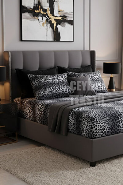 Çt Çeyizci Tekstil Double Fitted Sheet Set + 2 Pillowcases Black - White 160X200Cm Leopard Pattern