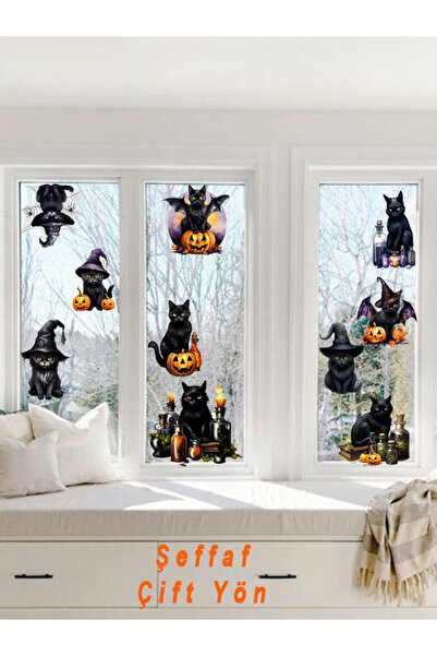 aiki Şeffaf Çift Yönlü Hallowen Kedileri, Cadılar Bayramı, Cam, Duvar, Sticke...