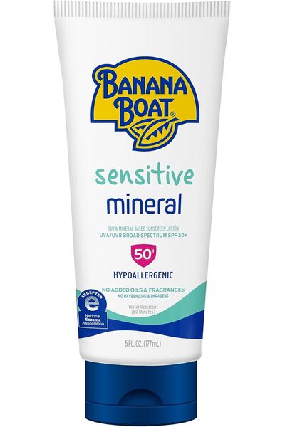 Banana Boat لوشن واقي من الشمس معدني 100% بعامل حماية من الشمس 50، 168 مل (للبشرة الحساسة، خالٍ من الأوكسي بنزون)