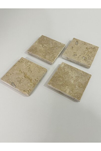 FARALYAHOME Traverten Doğal Taş Bardak Altlığı 4’lü Set, 10x10 Cm Baskısız Bo...