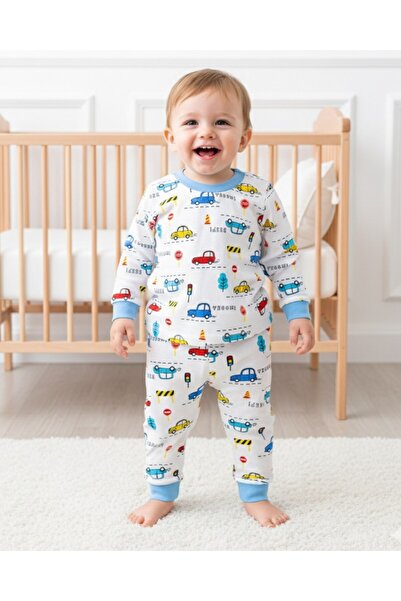 VOY KİDS Baby Boy Cars Printed Seasonal 100% Cotton Crew Neck Nightgown Pajama Set 2-6 Years