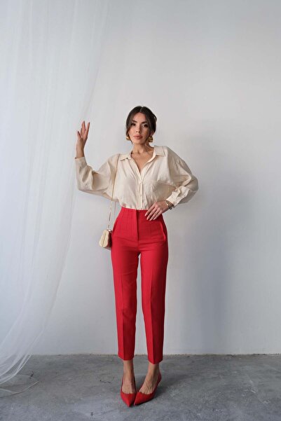 Hatun Atila High Waist Straight Cut Double Breasted Detailed Fabric Trousers 4613 - Red