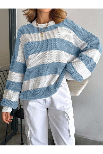 Dier Moda Kadın Bisiklet Yaka Çizgili Oversize Triko Kazak Fmoda602