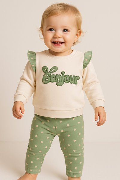 dinamik çocuk Baby Girl Bonjour Embroidered 2-Piece Set with Ruffle Detail on...