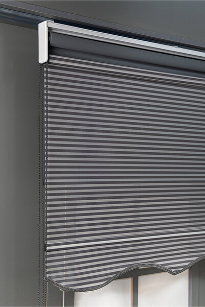 bizdenperde Çift Mekanizmalı Etekli Antrasit Jaluzi Görünümlü Tül Ve Stor Güneşlik Perdeler