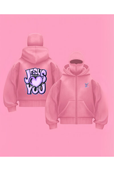 Gofeel Unisex Oversize Pembe Jesus You Baskılı Maskeli Hoodie