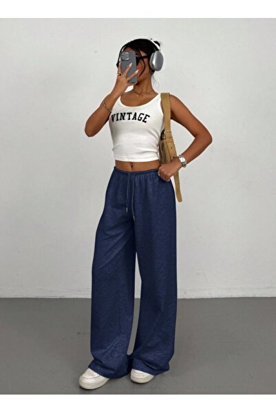 ELASSEL Χειμερινό σαρούνιστο μπλε ναυτικό γυναικείο φαρδύ παντελόνι μεγάλου μ...