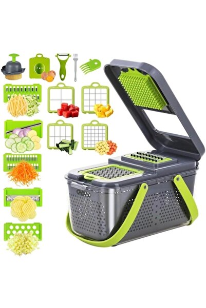 NEXTLY Multifunctional Grater, NEXTLY, Vegetables/Fruits, 9 Interchangeable Blades, Container with Lid, Gra