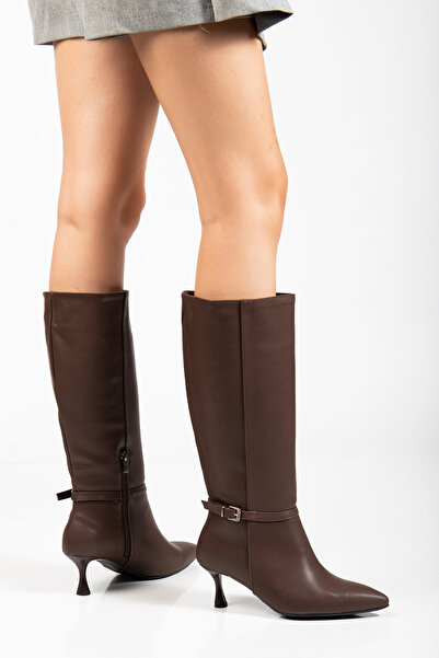 RİSSOLİ Γυναικείες μπότες με λεπτό τακούνι με μυτερή μύτη σε καφέ χρώμα