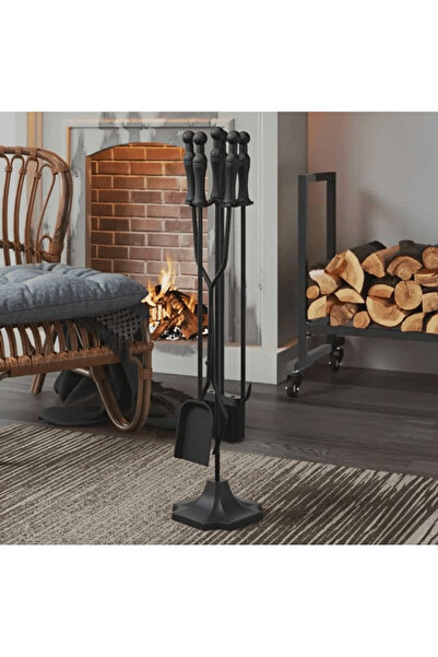 Selgot Set 4 scule pentru șemineu, inclusiv suport, oțel, culoare neagră