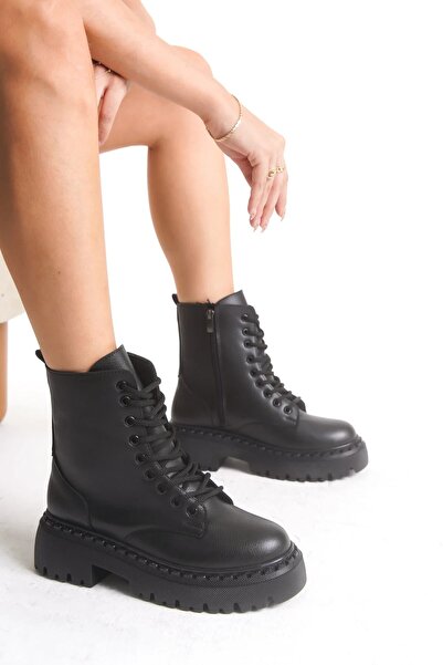sermoda Γυναικείες μπότες - Γυναικείες μπότες με κορδόνια με φερμουάρ και χοντρή σόλα Γυναικείες μπότες μαύρες