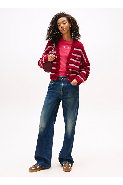 Tommy Jeans Standart Çizgili Kırmızı Kazak Kadın DW0DW21678XJP