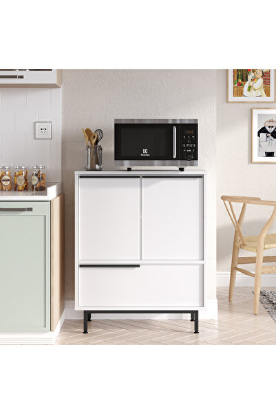 L'occi Concept Leena 75 cm Mutfak Dolabı Mikrodalga Kahve Köşesi 3 Kapaklı Metal Ayaklı Beyaz LA8A-W